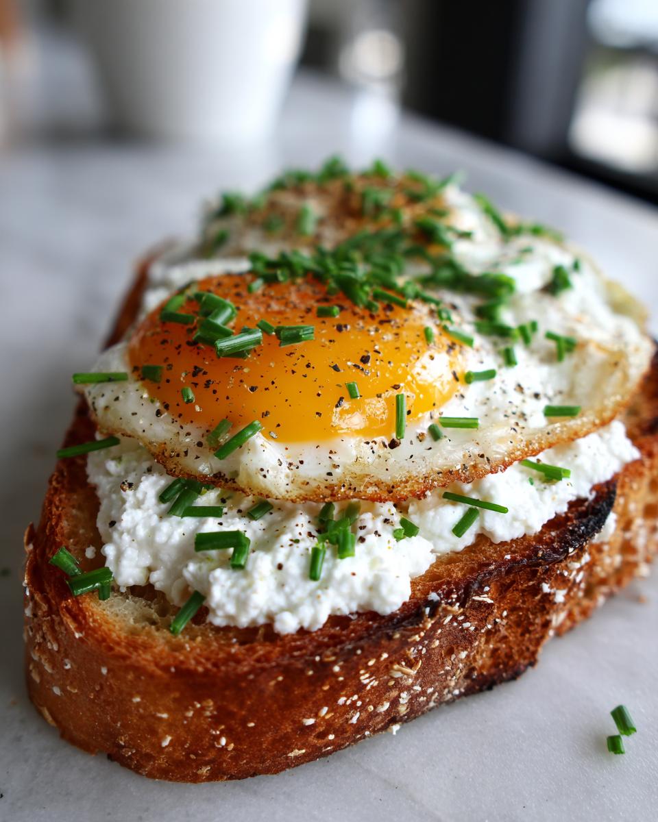 Close-up of savory ricotta toast featuring a thick slice of toasted bread topped with creamy ricotta, a sunny-side-up egg, and fresh chives.
