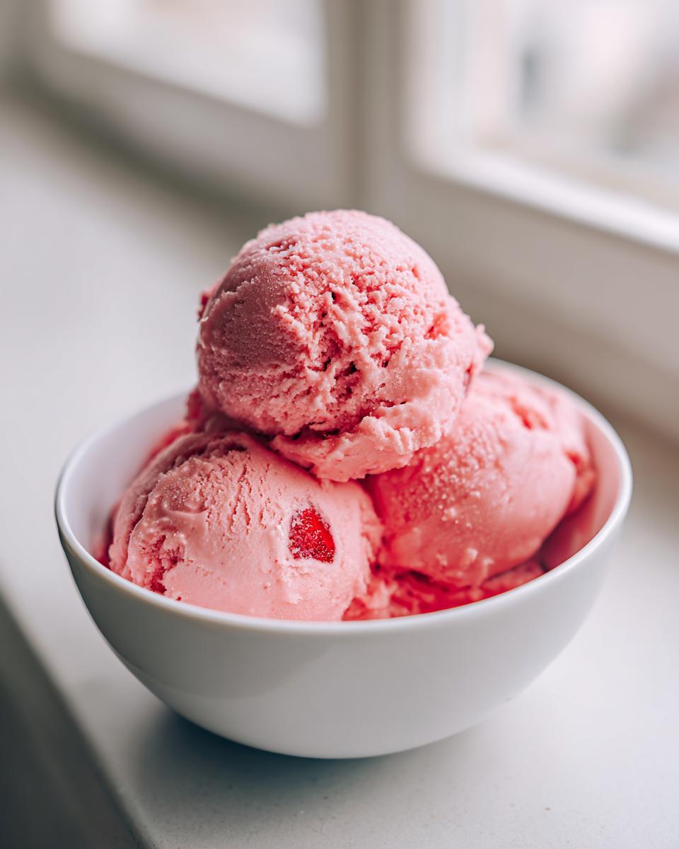 Three scoops of bright pink strawberry ice cream served in a white bowl near a window.