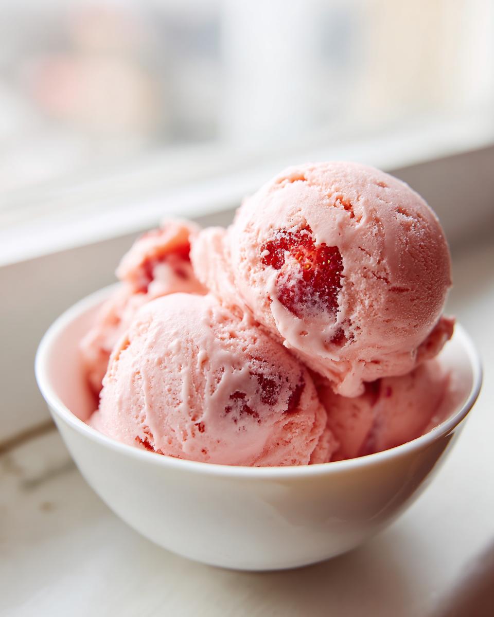 Close-up of several scoops of pink strawberry ice cream with visible fruit chunks in a white bowl.