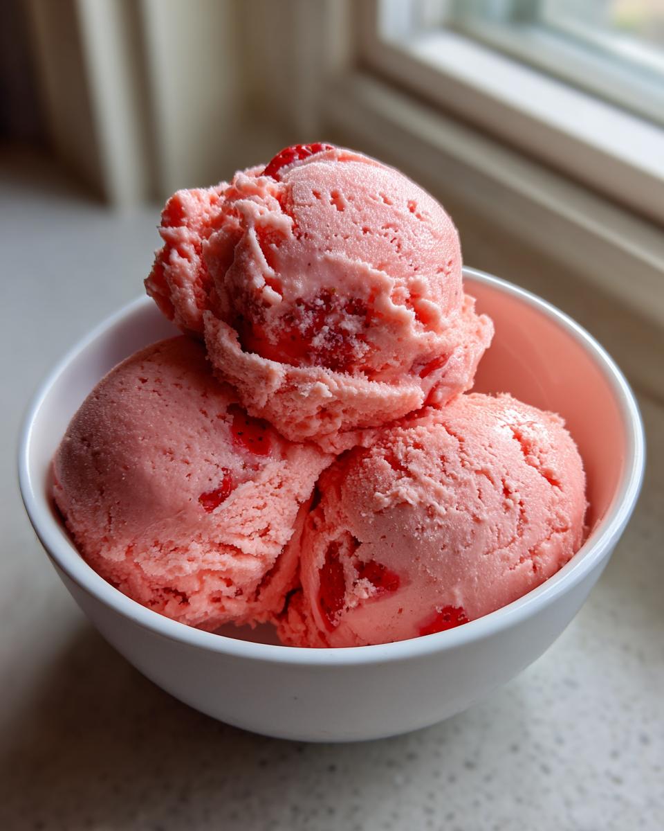 Three scoops of pink strawberry ice cream with visible fruit chunks served in a white bowl.