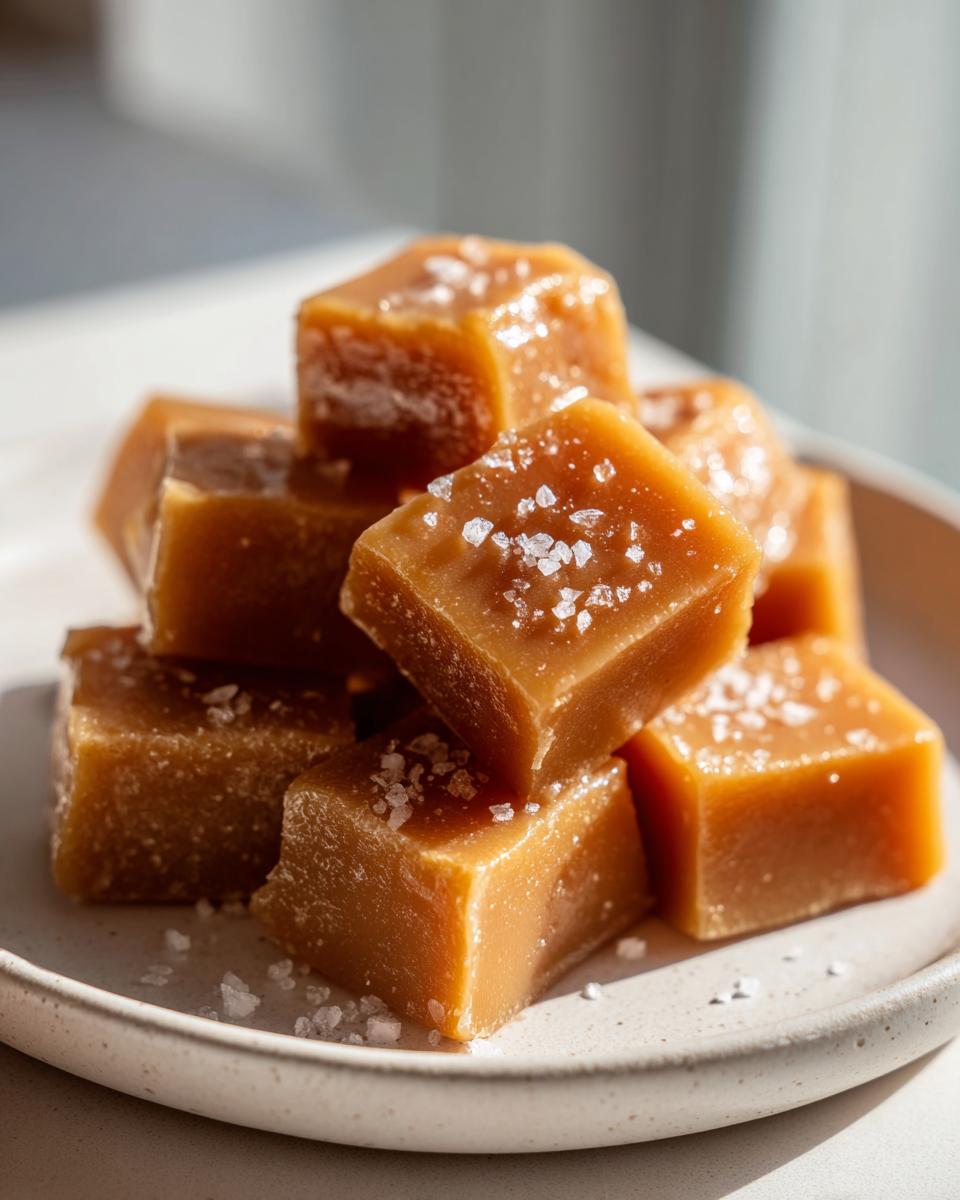 Close-up of a stack of buttery, square caramels sprinkled with flaky sea salt.