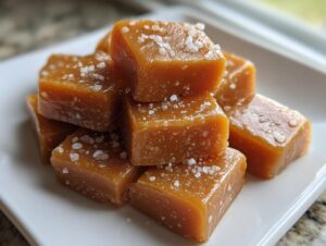 A stack of rich, chewy, square caramels sprinkled with flaky sea salt on a white dish.