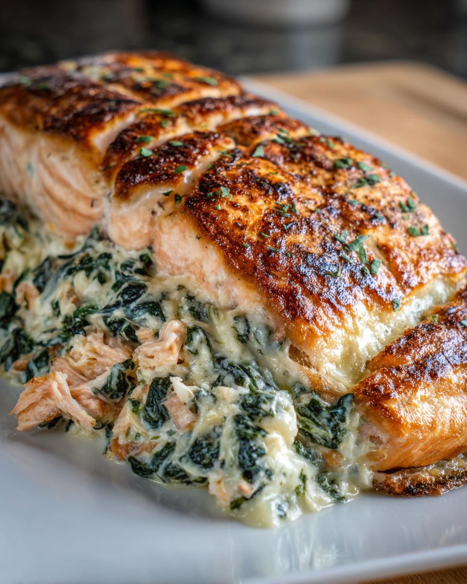 Close-up of a beautifully seared stuffed salmon fillet resting on a bed of creamy spinach filling.
