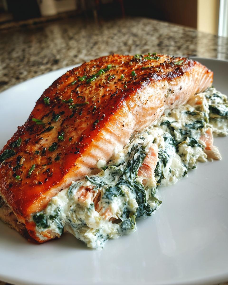 A beautifully seared fillet of stuffed salmon resting on a bed of creamy spinach filling on a white plate.