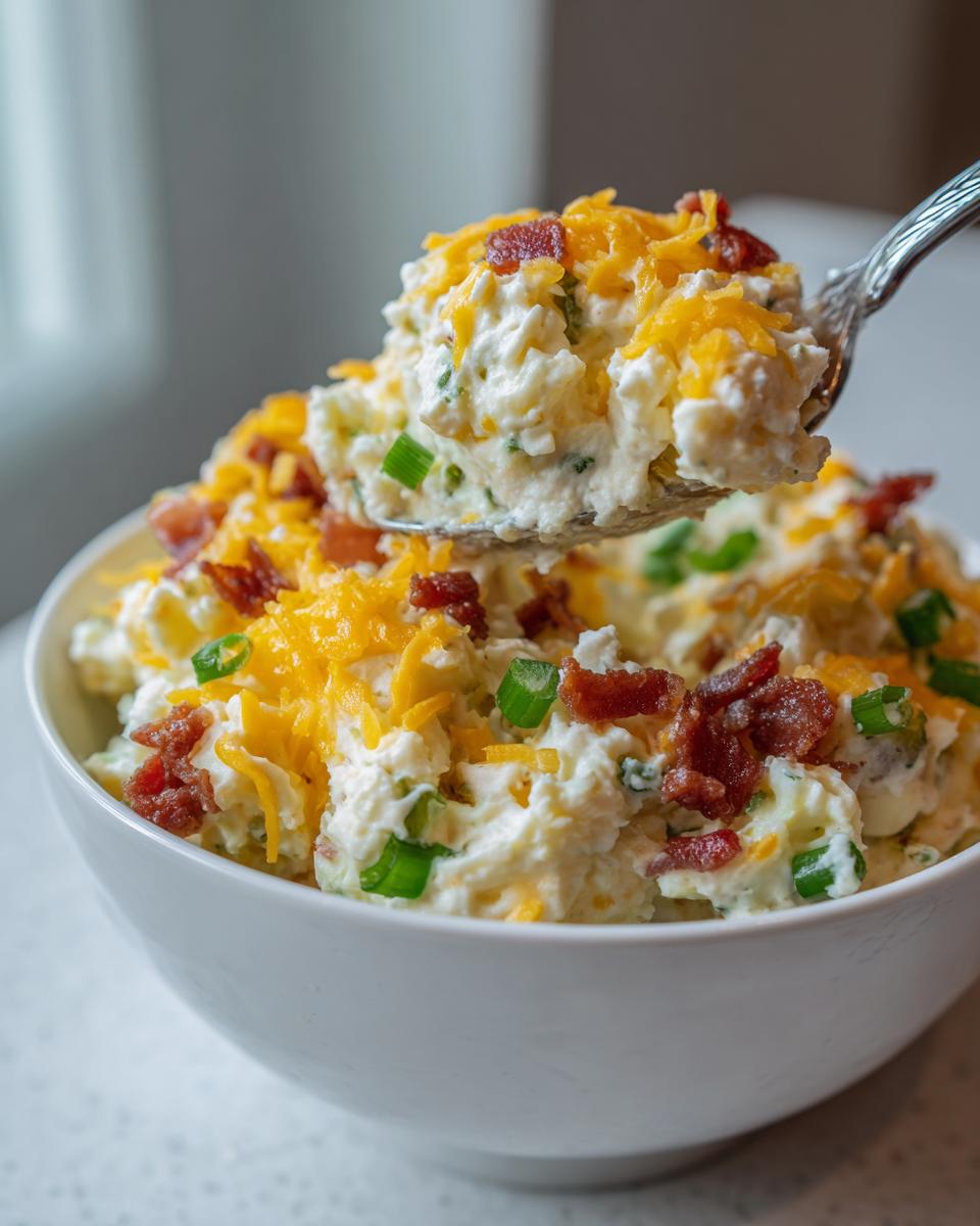 A spoonful of creamy baked potato salad topped with shredded cheddar cheese and bacon bits being lifted from a white bowl.