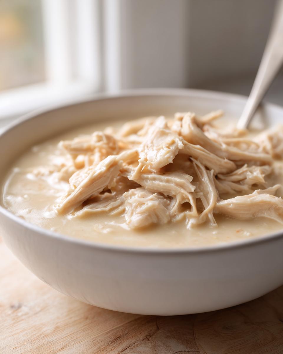 Close-up of a bowl filled with thick, creamy soup topped generously with shredded chicken, representing cream of chicken soup.
