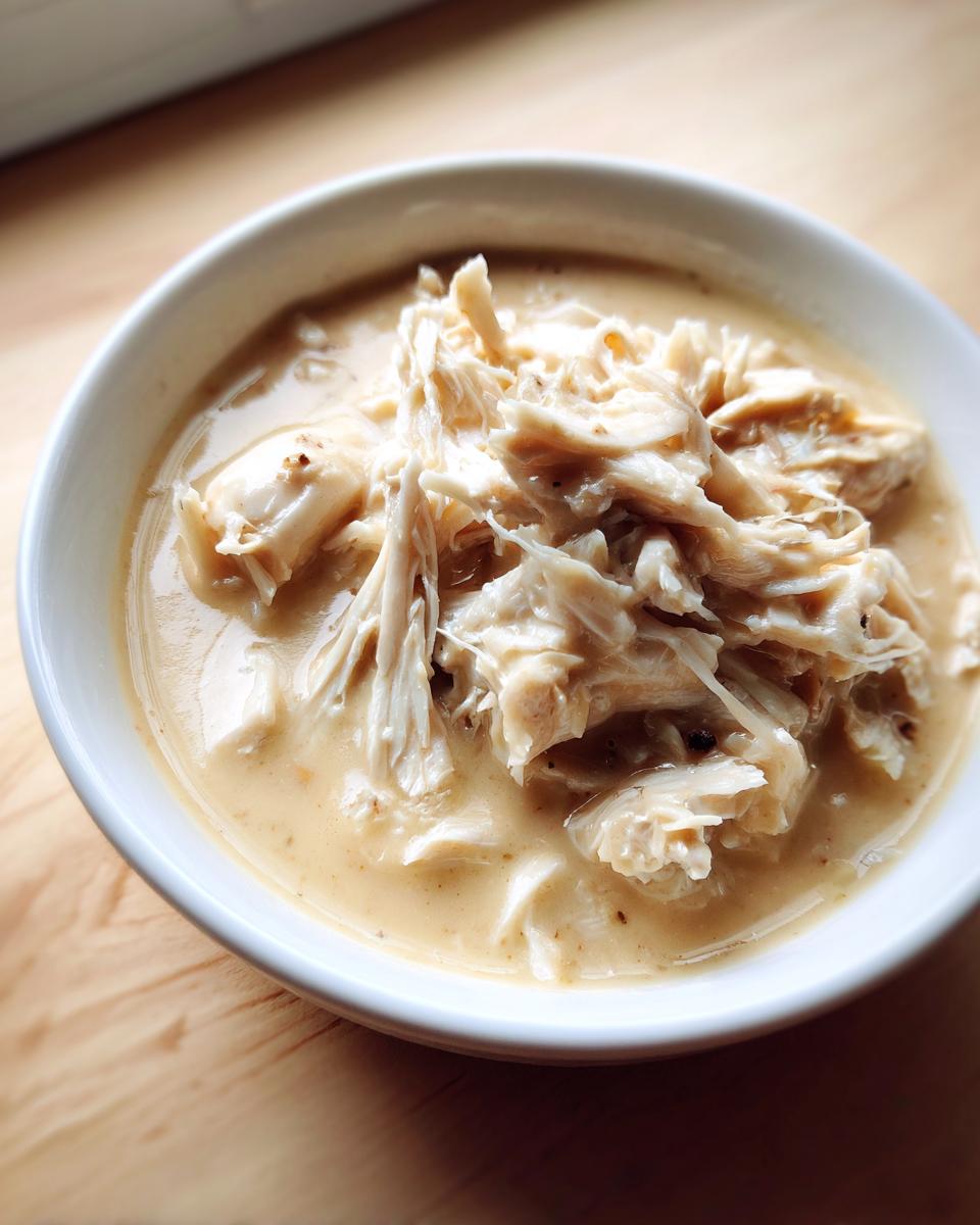 Close-up of shredded chicken piled high in a creamy broth, representing homemade cream of chicken soup.