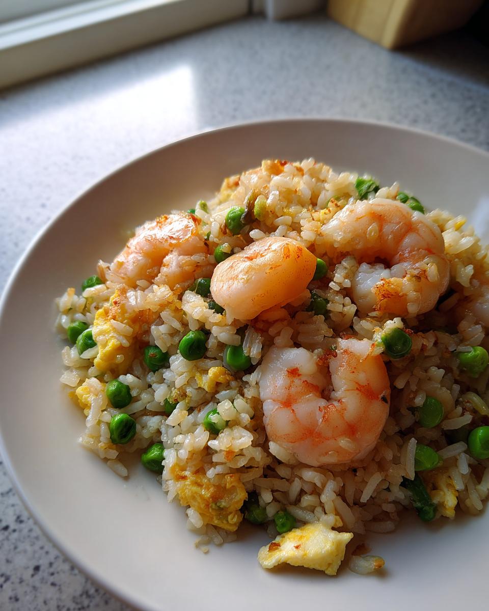 A close-up serving of delicious shrimp fried rice recipe, featuring plump shrimp, green peas, and scrambled egg.