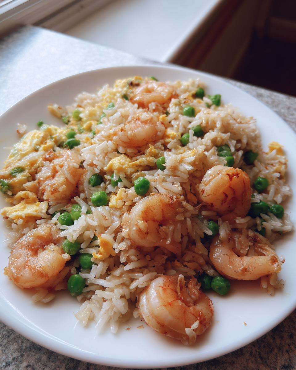 Close-up of a serving of shrimp fried rice recipe featuring plump shrimp, green peas, and scrambled egg mixed with white rice.