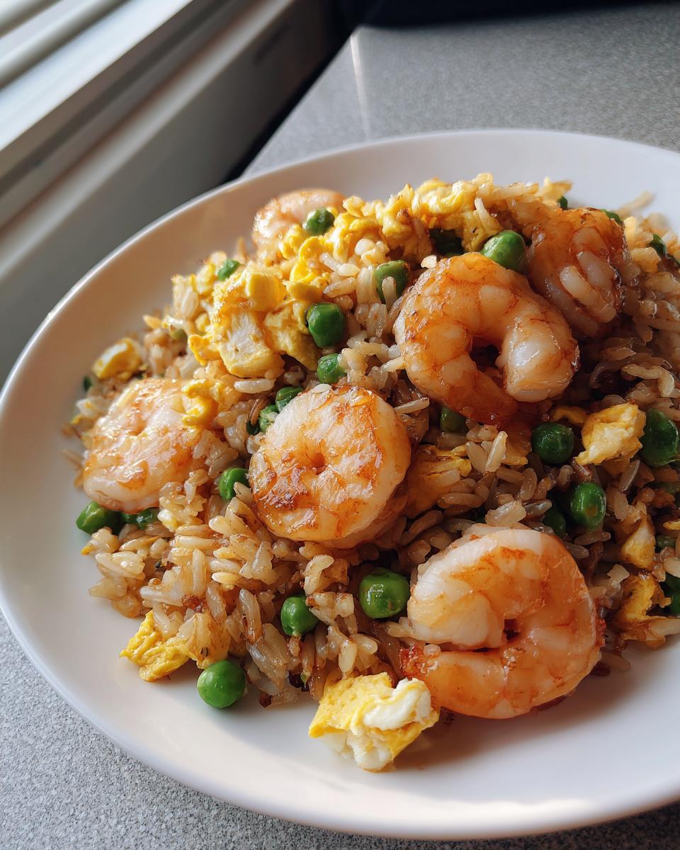 Close-up of delicious shrimp fried rice recipe with plump shrimp, scrambled egg, and green peas.