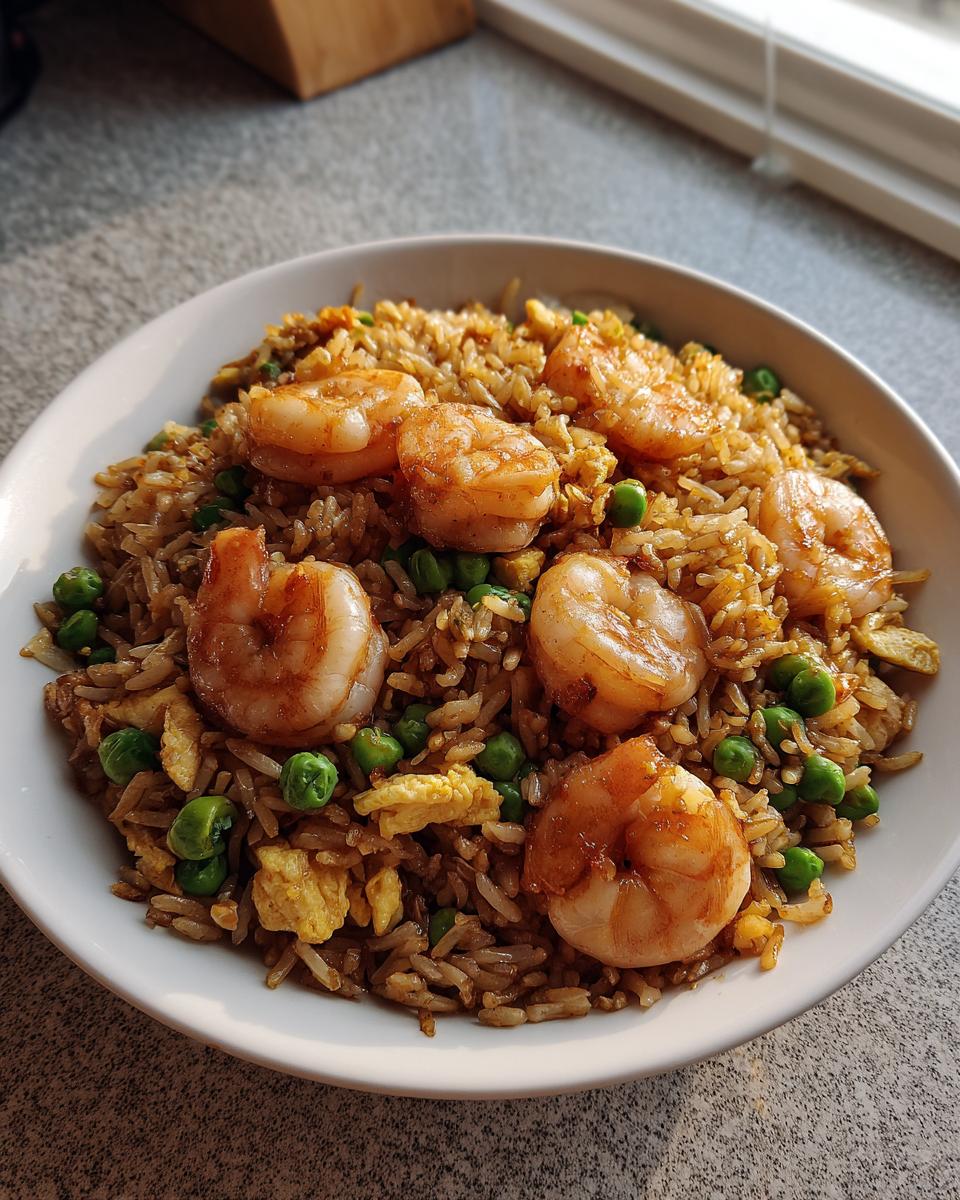 A close-up of a bowl filled with delicious shrimp fried rice recipe, featuring large shrimp, green peas, and scrambled egg pieces.