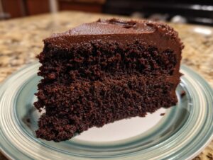 Close-up of a moist slice of dark chocolate cake with thick frosting, part of a Capricorn cake recipe.