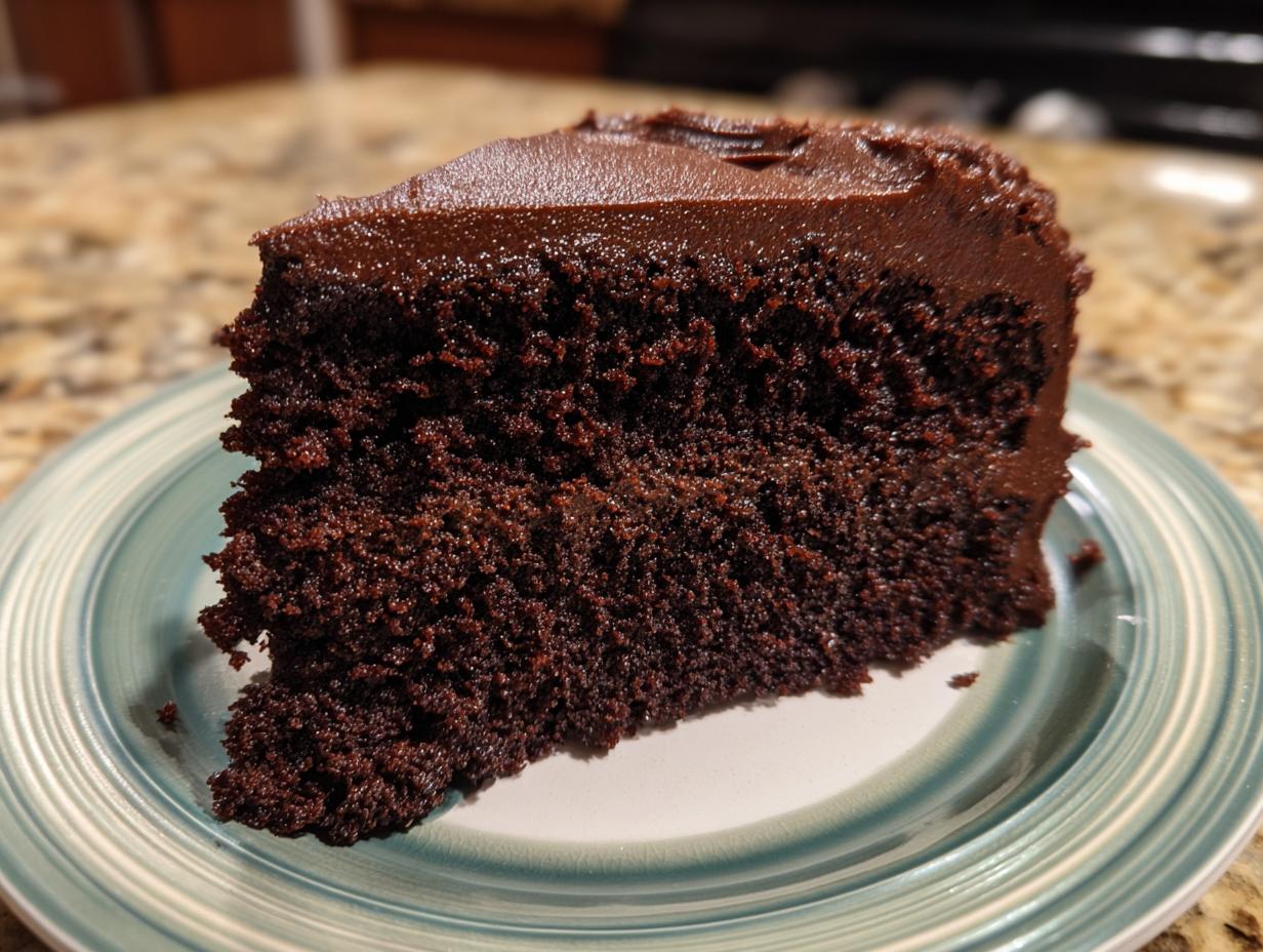 Close-up of a moist slice of dark chocolate cake with thick frosting, part of a Capricorn cake recipe.