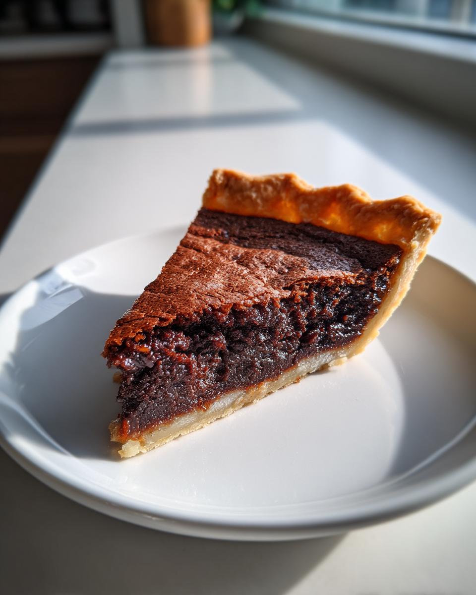 A close-up of a rich, dark slice of chocolate chess pie with a flaky crust, sitting on a white plate near a window.