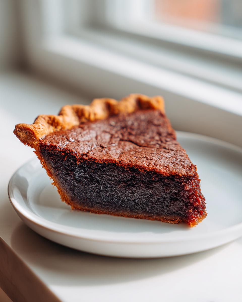 A close-up of a decadent slice of chocolate chess pie with a flaky crust, sitting on a small white plate by a window.