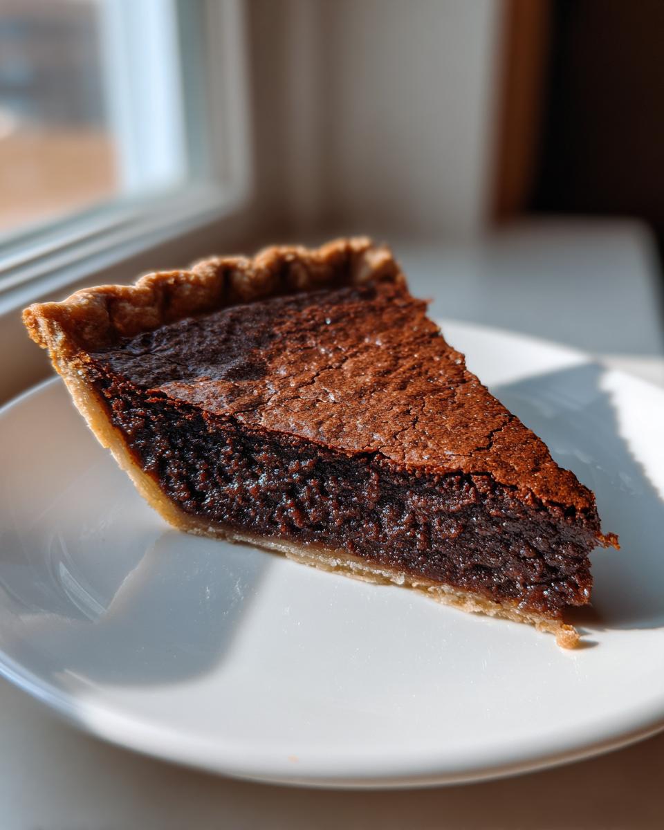 A perfect slice of rich, dark chocolate chess pie resting on a white plate near a bright window.