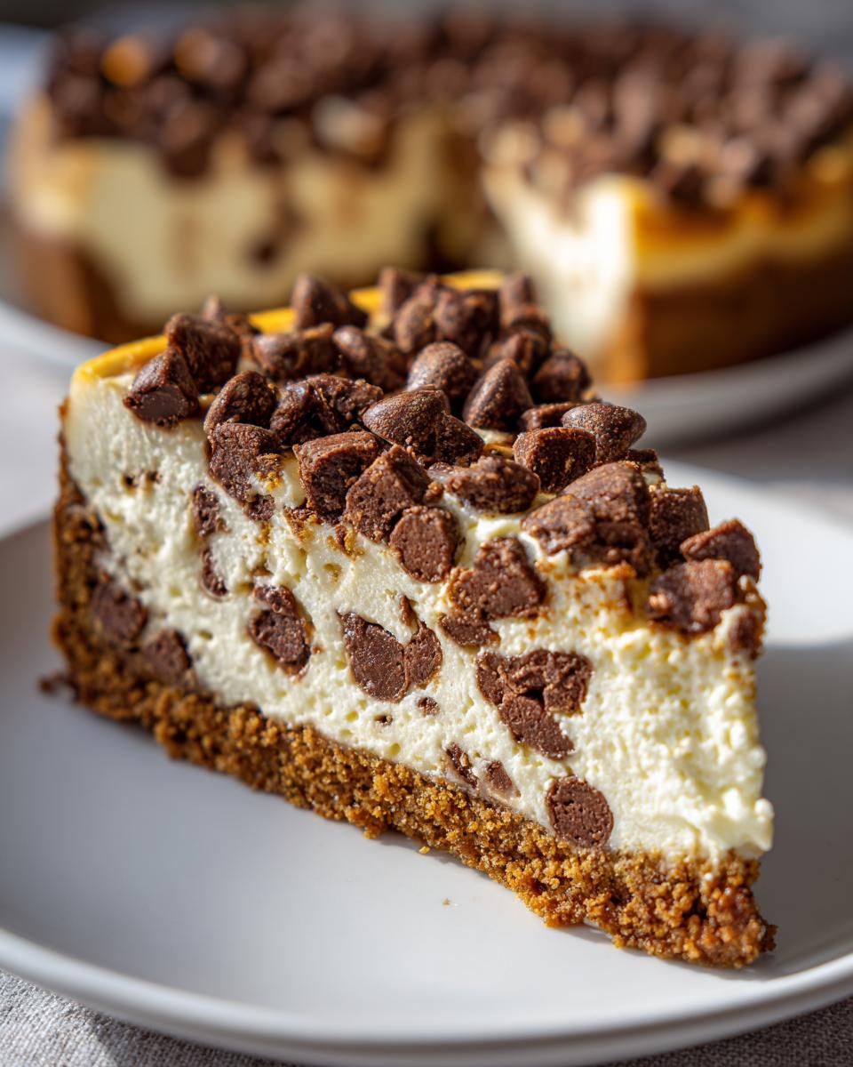 A close-up slice of rich chocolate chip cheesecake on a white plate, topped with chocolate chunks.