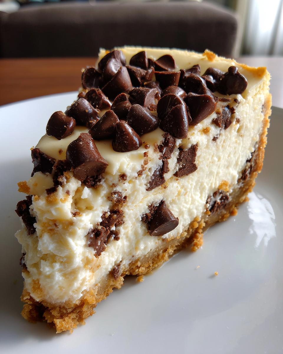 A thick slice of creamy chocolate chip cheesecake with a graham cracker crust, topped generously with chocolate chips.