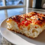 Close-up of a thick, airy slice of homemade pizza showing the bubbly crust, tomato sauce, and melted cheese.