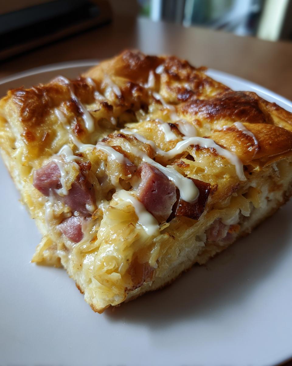 A square slice of homemade Reuben bake featuring corned beef, sauerkraut, and cheese, drizzled with dressing.