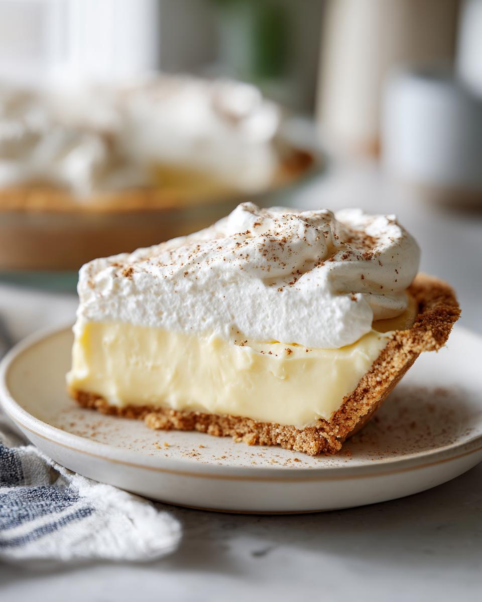 Close-up of a slice of creamy no-bake eggnog pie with a graham cracker crust, topped with whipped cream and nutmeg.