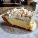 A close-up of a creamy slice of no-bake eggnog pie with a graham cracker crust, topped with whipped cream and nutmeg.