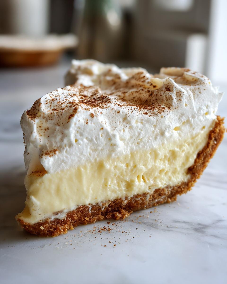 Close-up of a slice of no-bake eggnog pie showing the graham cracker crust, creamy filling, and cinnamon-dusted whipped topping.
