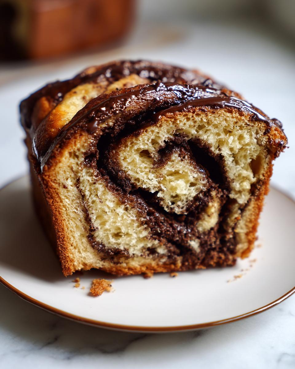 Close-up of a thick slice of chocolate babka showing rich chocolate swirls and a glossy glaze on top.