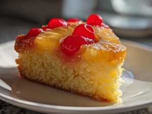 A close-up, sunlit slice of moist pineapple upside down cake topped with caramelized pineapple rings and bright red maraschino cherries.