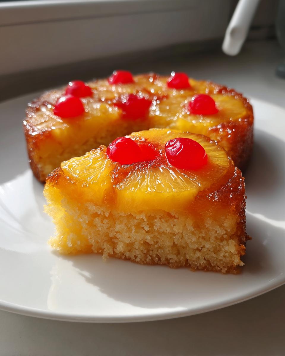 A slice of moist pineapple upside down cake topped with caramelized pineapple rings and maraschino cherries.