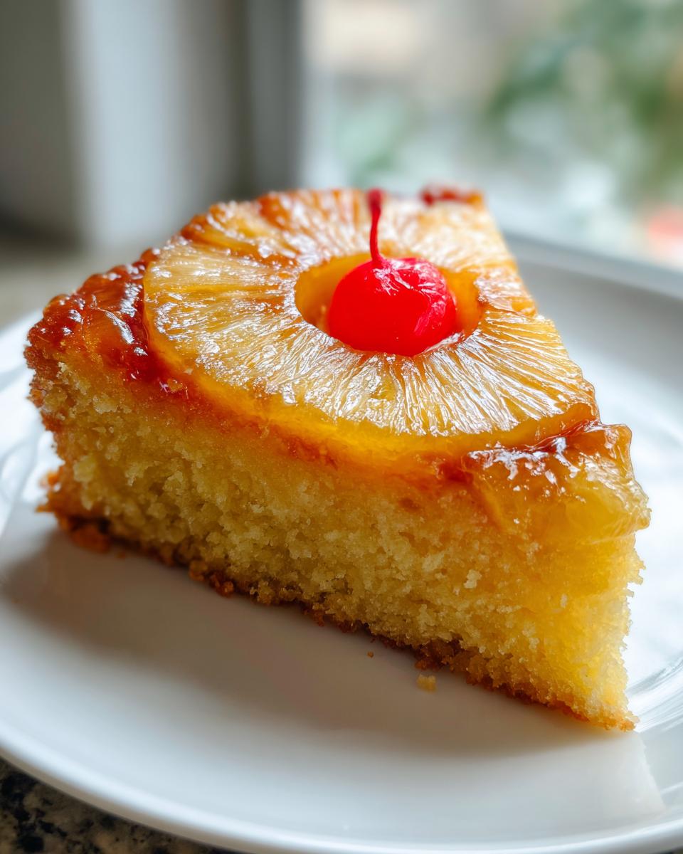 A close-up shot of a moist slice of pineapple upside down cake topped with a caramelized pineapple ring and a maraschino cherry.