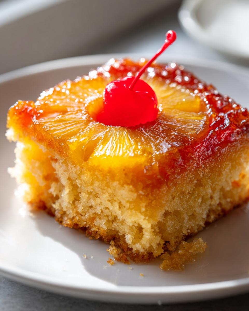 A close-up of a square slice of moist pineapple upside down cake topped with caramelized pineapple and a maraschino cherry.