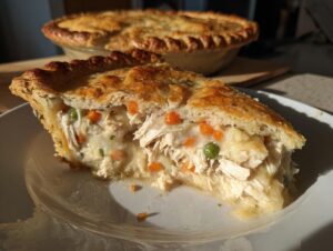 A generous slice of turkey pot pie recipe showing shredded turkey, carrots, and peas in a creamy sauce under a flaky crust.