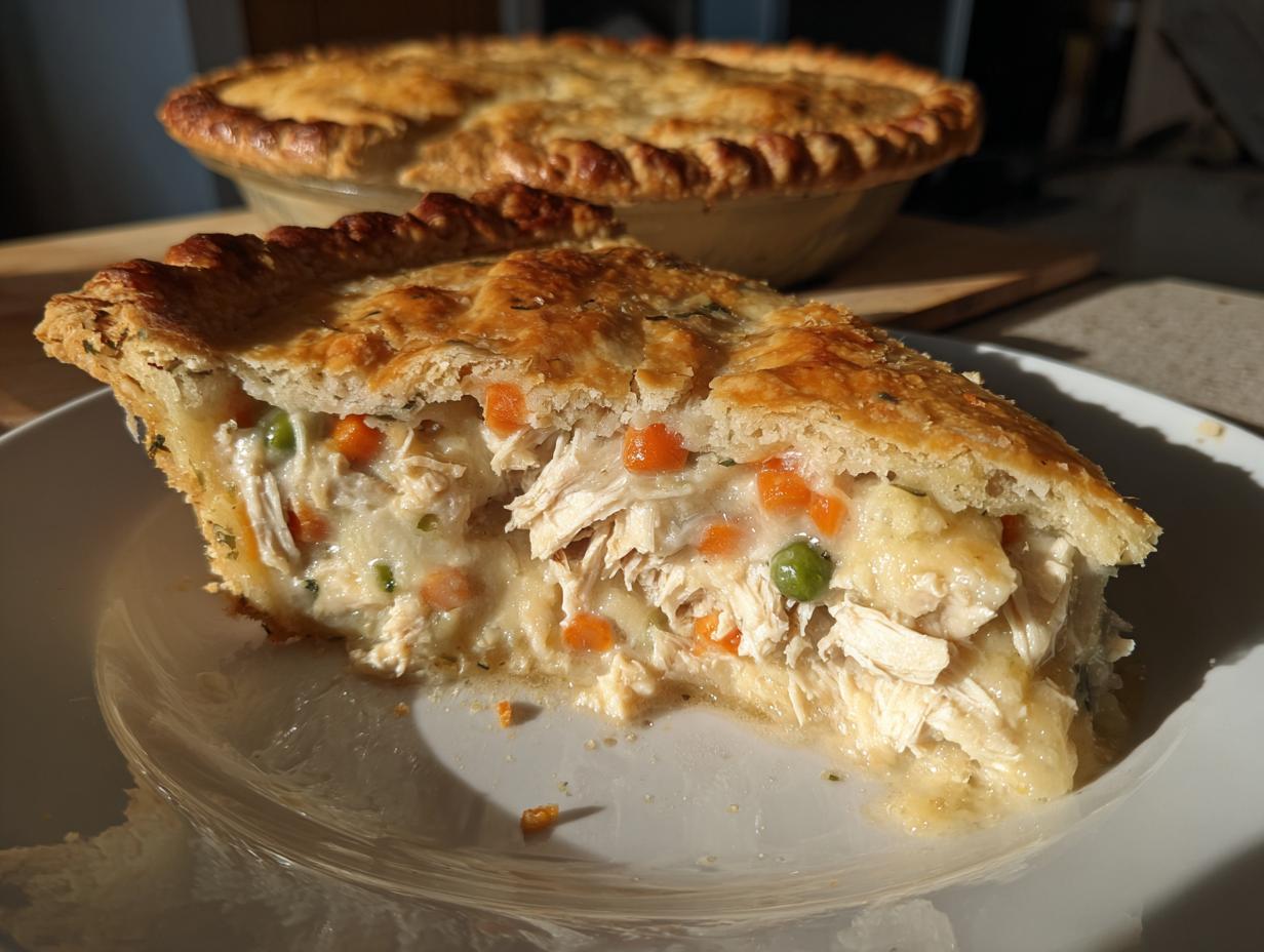 A generous slice of turkey pot pie recipe showing shredded turkey, carrots, and peas in a creamy sauce under a flaky crust.