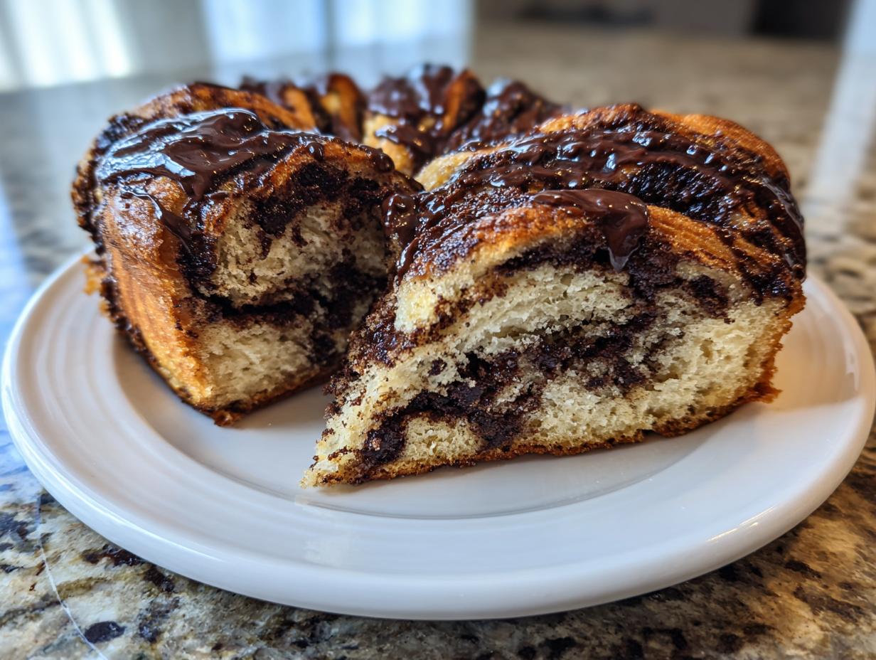 A slice cut from a ring-shaped chocolate babka, showing the swirled layers and chocolate glaze.