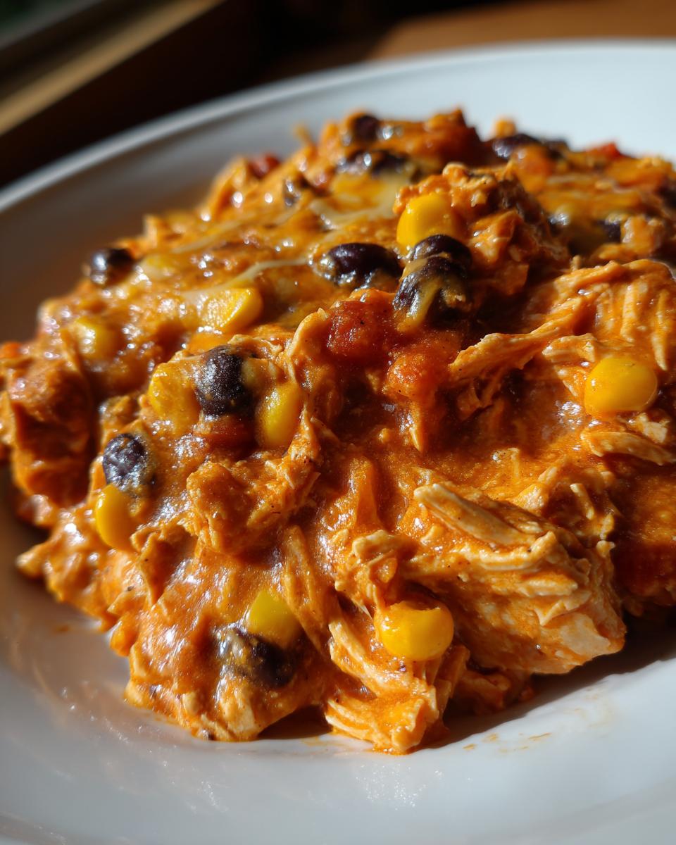 Close-up of shredded chicken, black beans, and corn in a creamy, orange sauce, resembling slow cooker buffalo chicken chili.