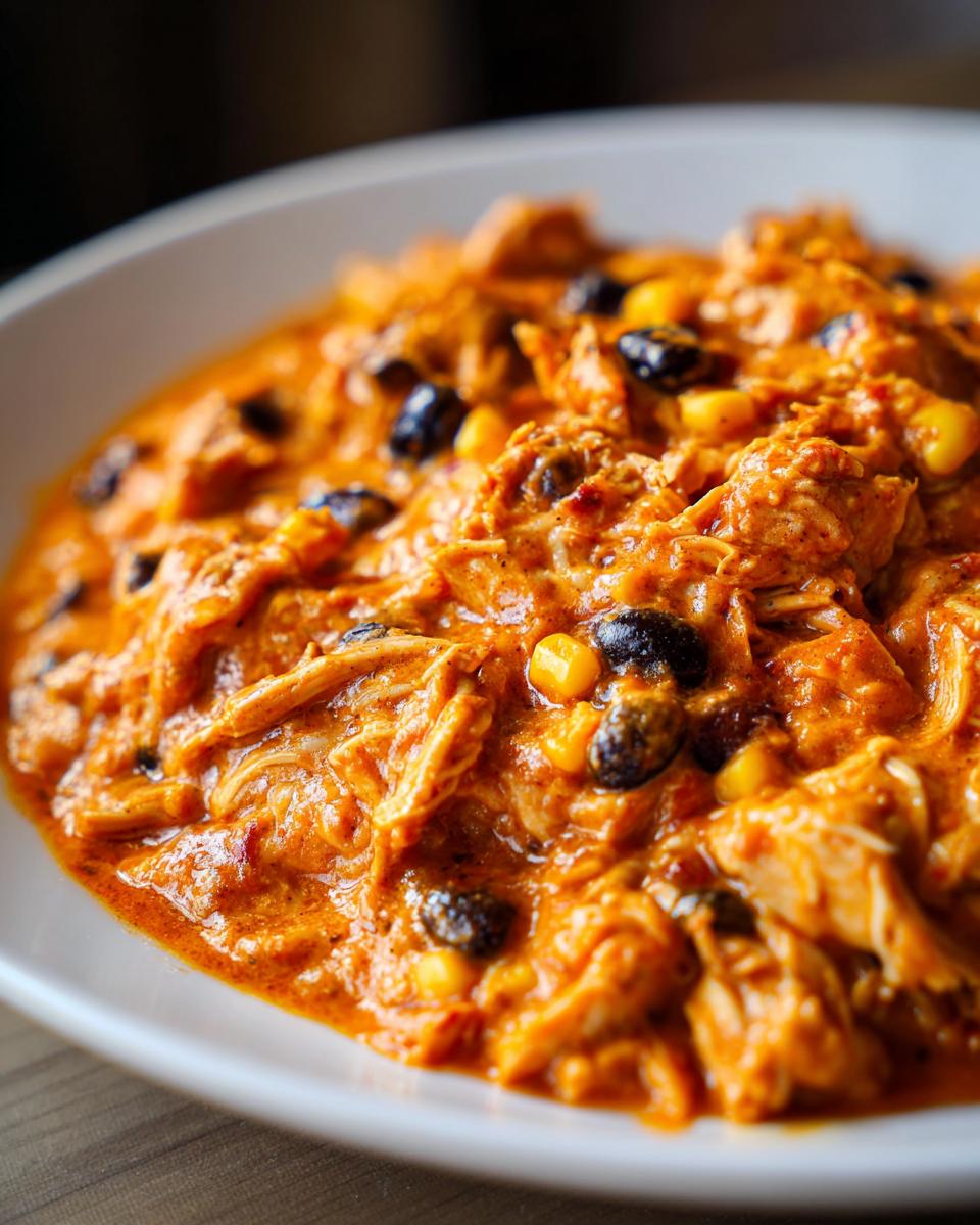 A close-up of creamy, shredded chicken in a rich orange sauce with black beans and corn, representing slow cooker buffalo chicken chili.