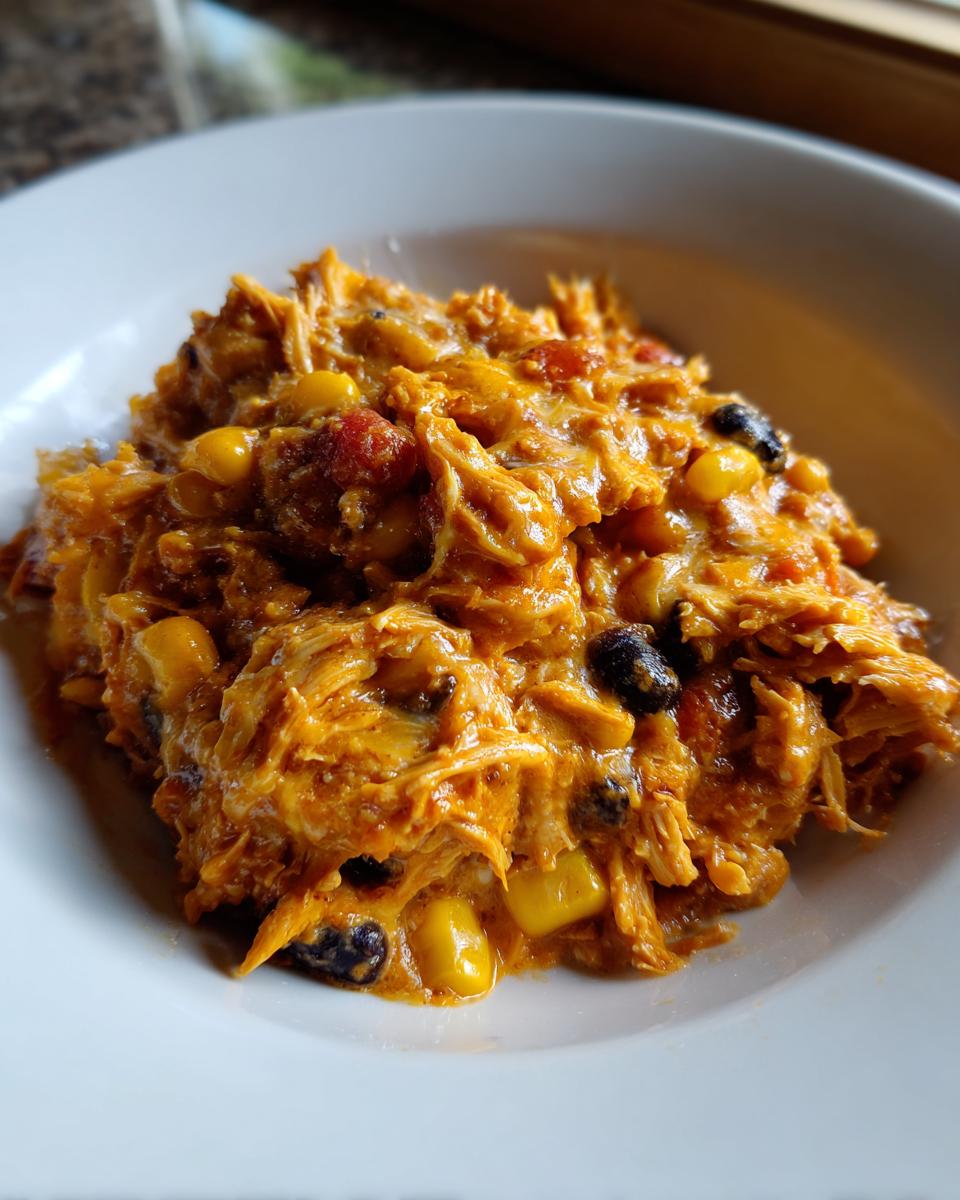 Close-up of shredded chicken chili with corn and black beans, a serving of slow cooker buffalo chicken chili.