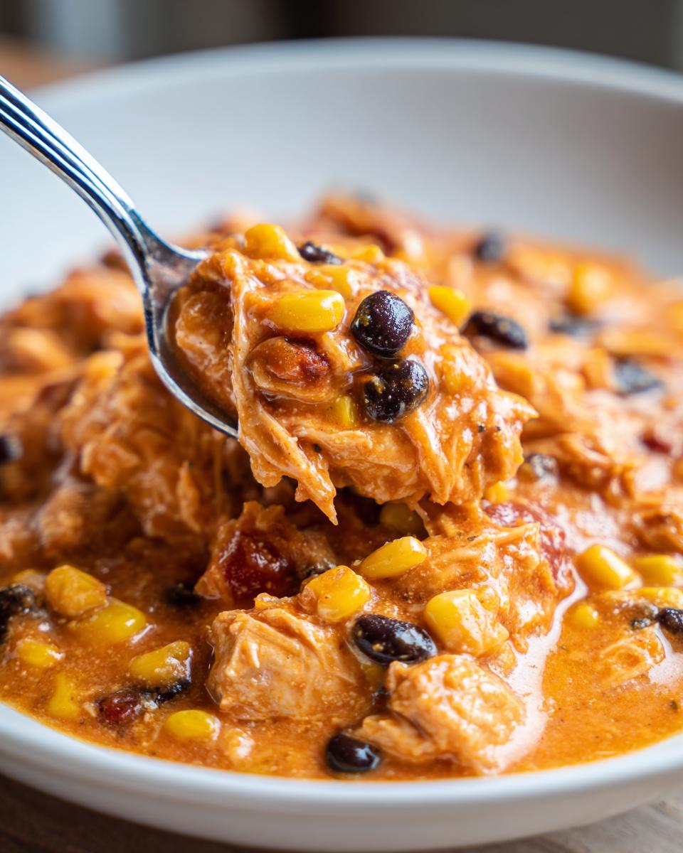 Close-up of a spoonful of creamy slow cooker buffalo chicken chili with shredded chicken, corn, and black beans.