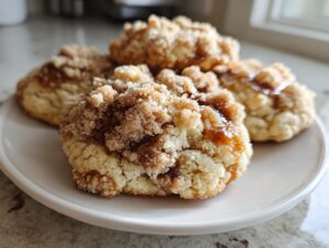 Close-up of several soft coffee cake cookies topped with cinnamon streusel and a drizzle of glaze.