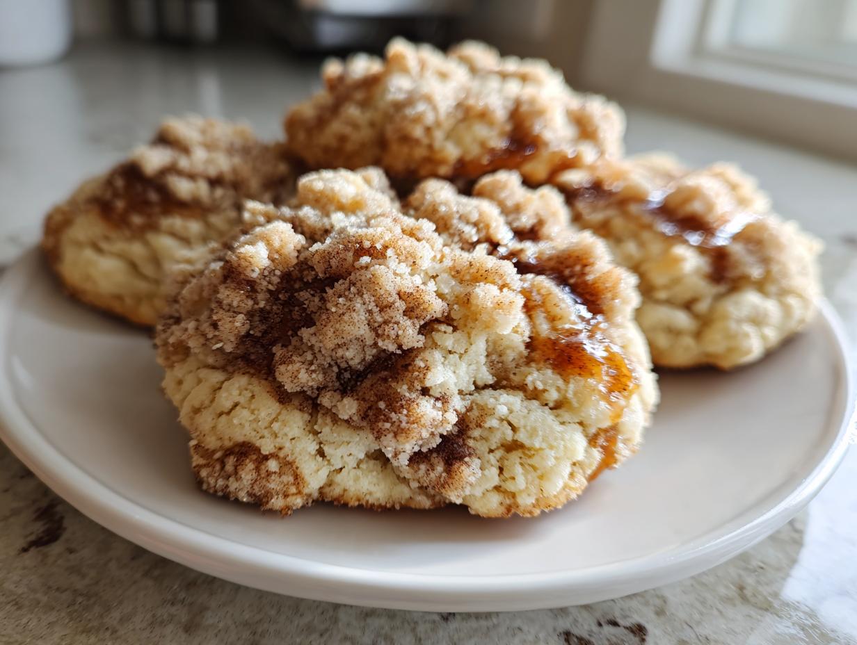 Close-up of several soft coffee cake cookies topped with cinnamon streusel and a drizzle of glaze.