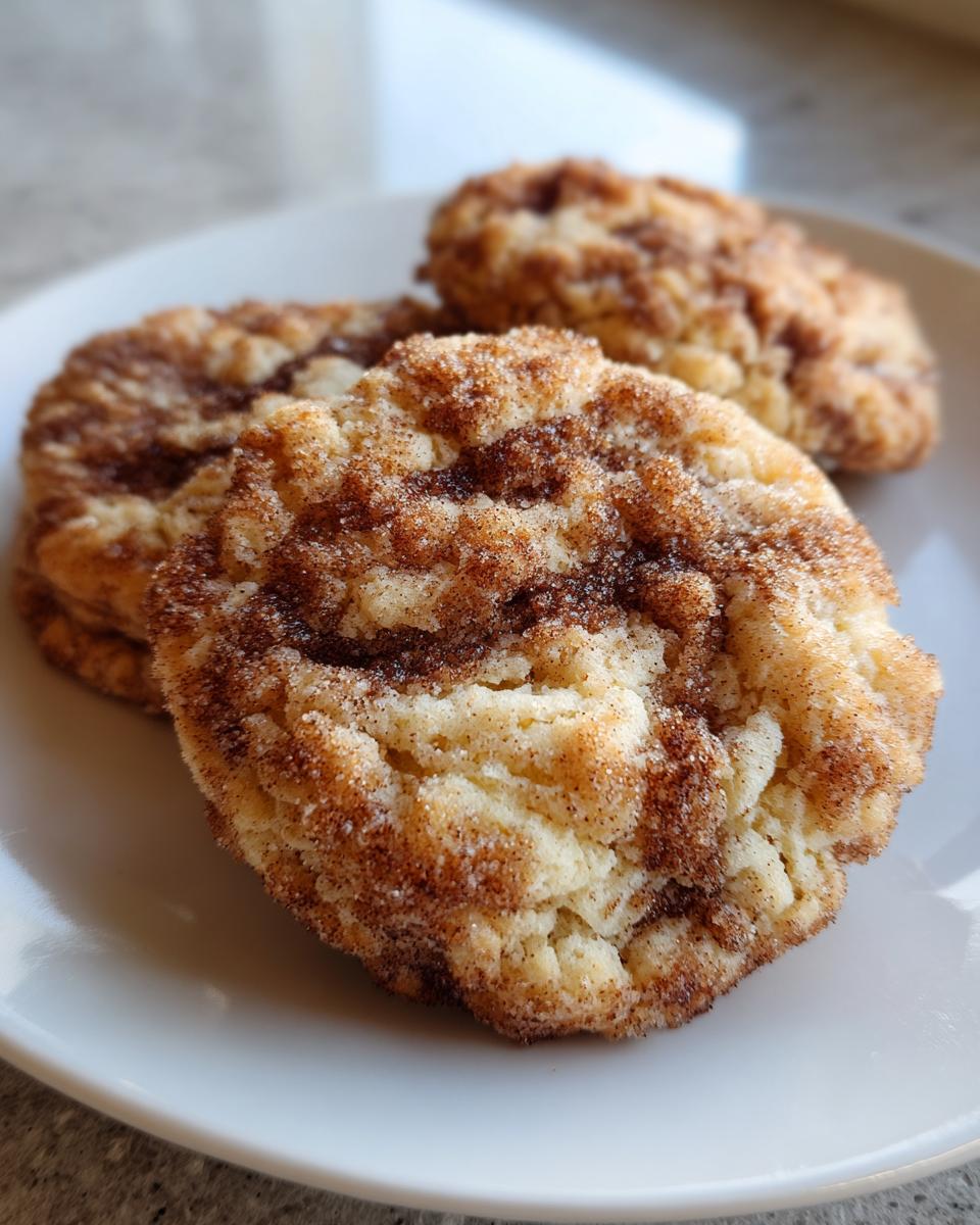 Close-up of three soft coffee cake cookies generously coated in cinnamon sugar on a white plate.