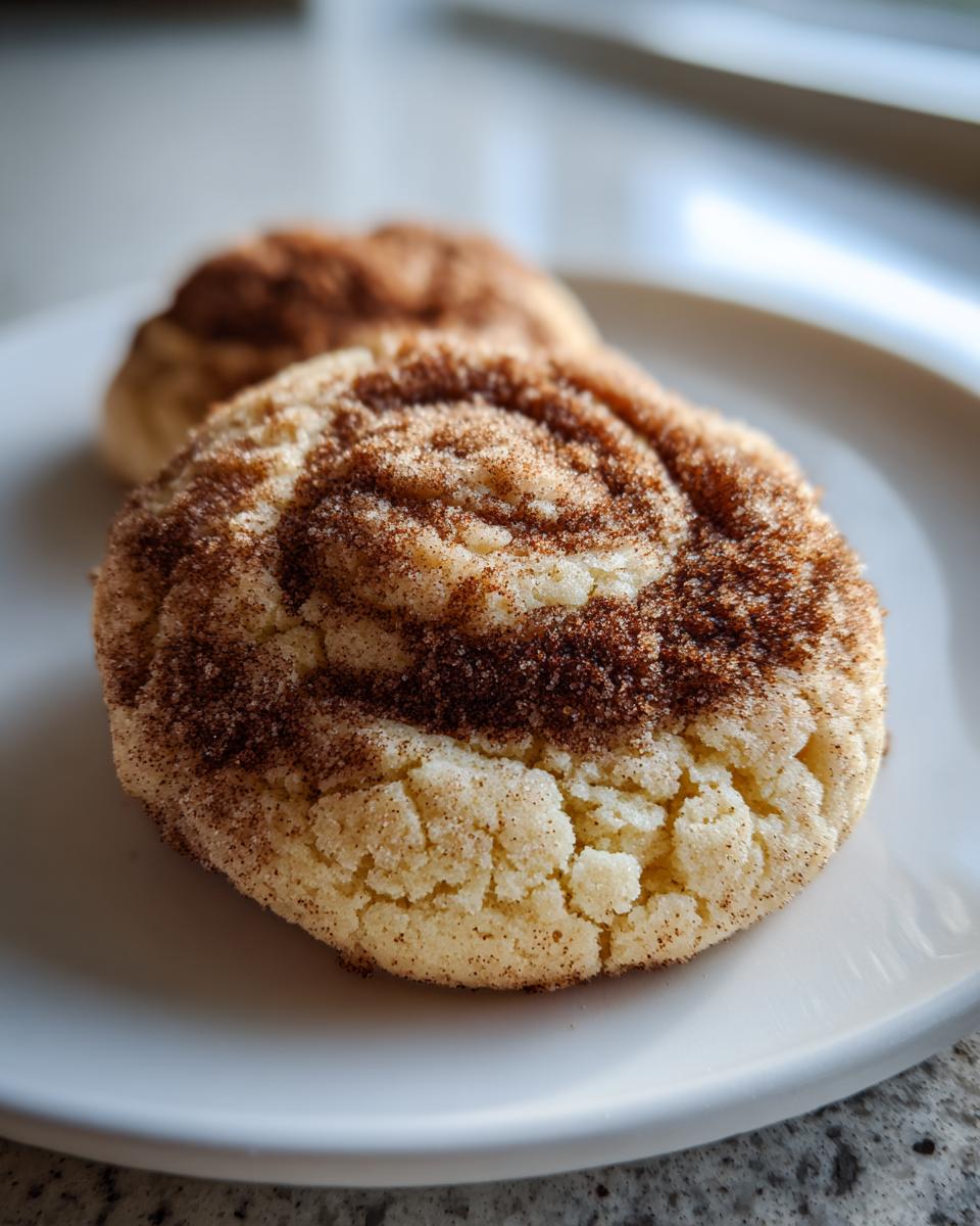 Close-up of a soft coffee cake cookie featuring a prominent cinnamon swirl topping.