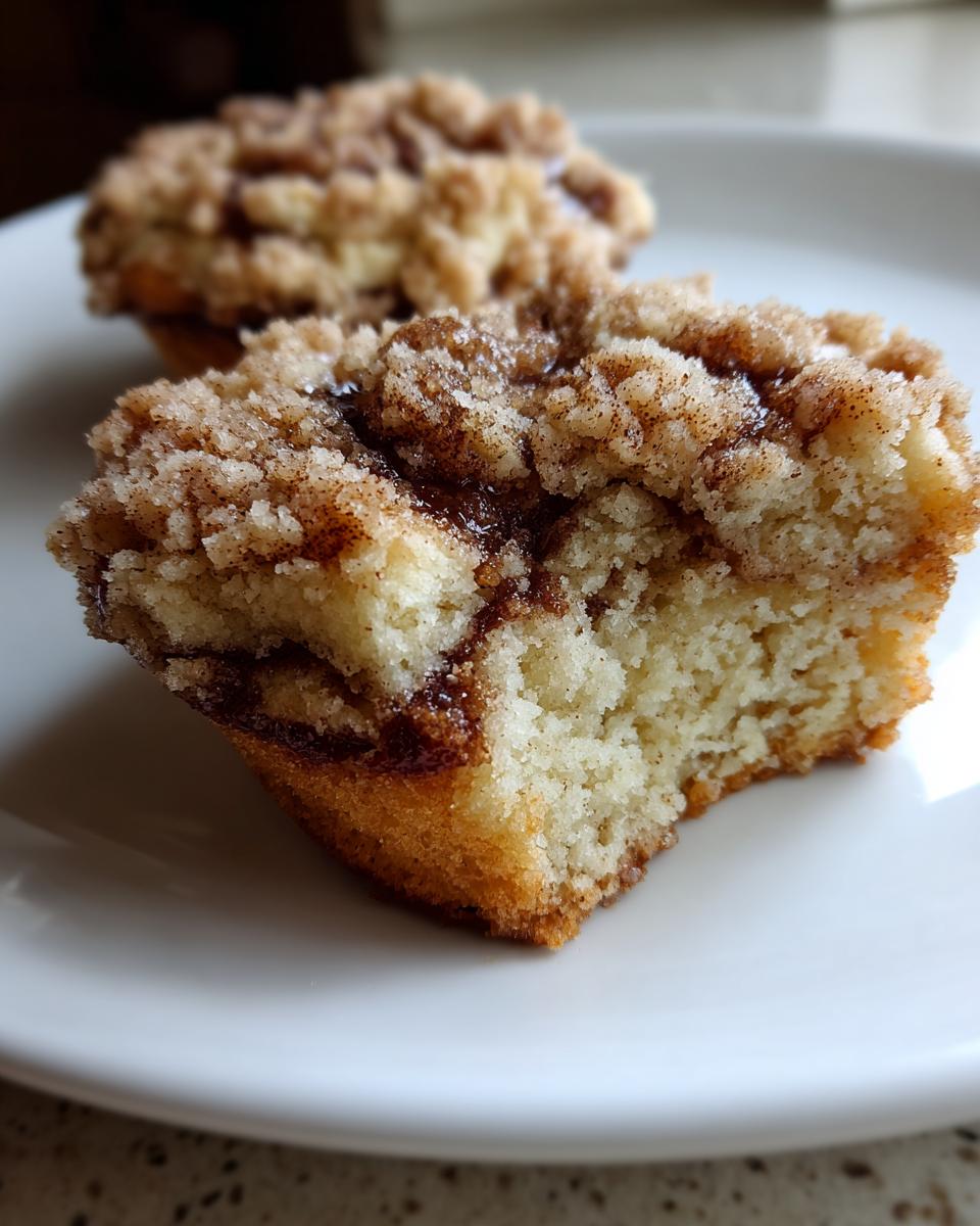 A close-up view of a soft coffee cake cookies piece showing the moist interior and thick cinnamon streusel topping.