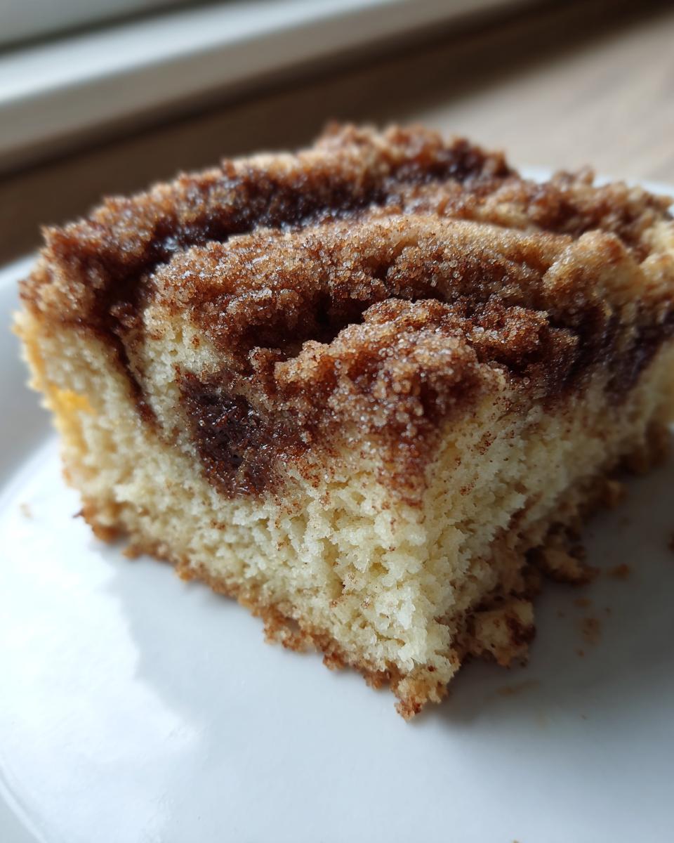 A close-up of a soft coffee cake cookies slice showing the moist cake crumb and thick cinnamon sugar topping.
