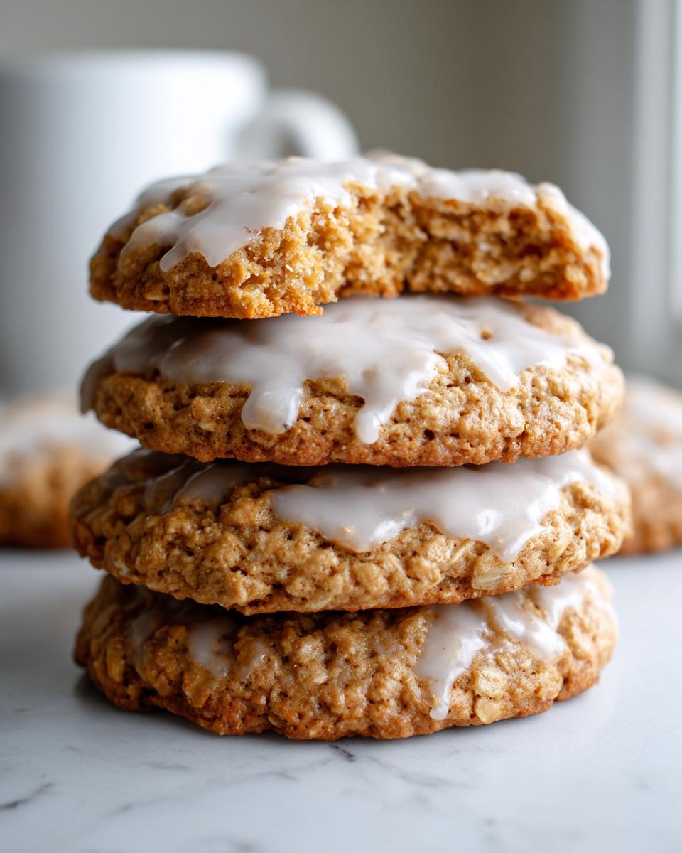 A stack of four soft iced oatmeal cookies, with the top one having a bite taken out, showing the chewy interior.