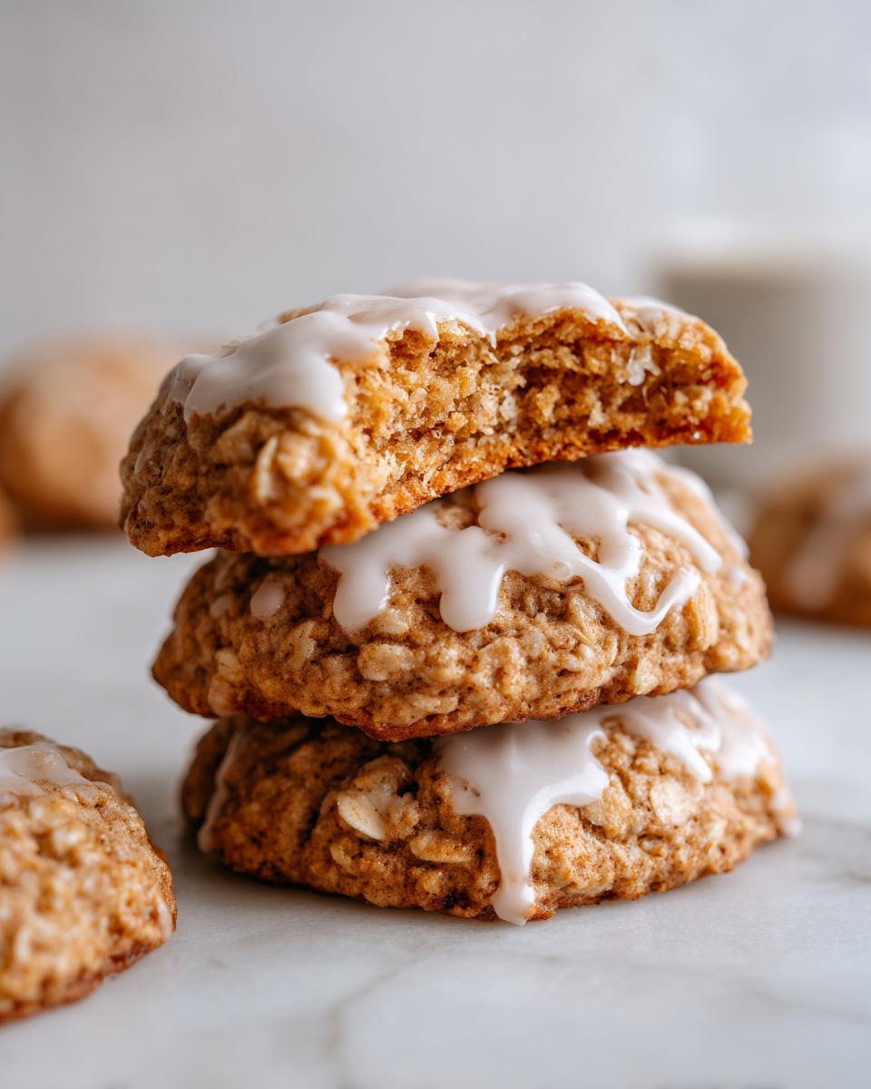 A stack of three soft iced oatmeal cookies, with the top one broken to show the texture. Features a white vanilla glaze.