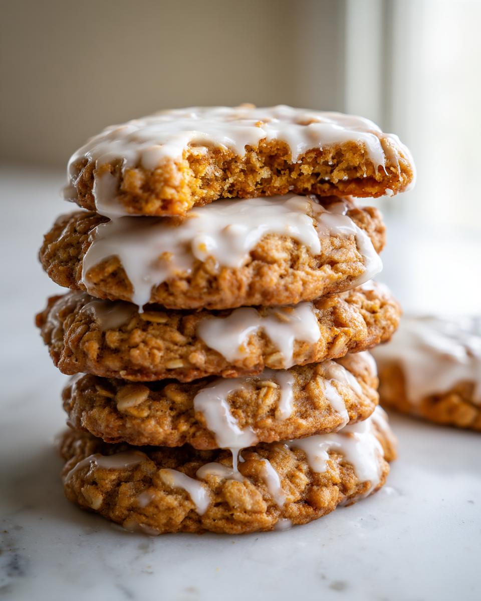 A vertical stack of four soft iced oatmeal cookies, with the top cookie having a bite taken out, showing the texture.