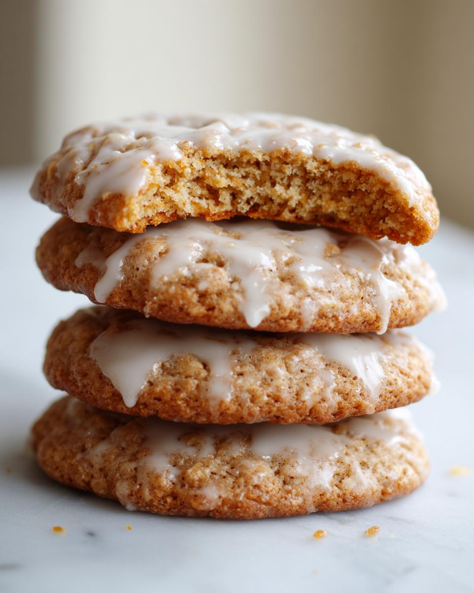 A stack of four soft iced oatmeal cookies, with the top cookie having a bite taken out to show the texture.