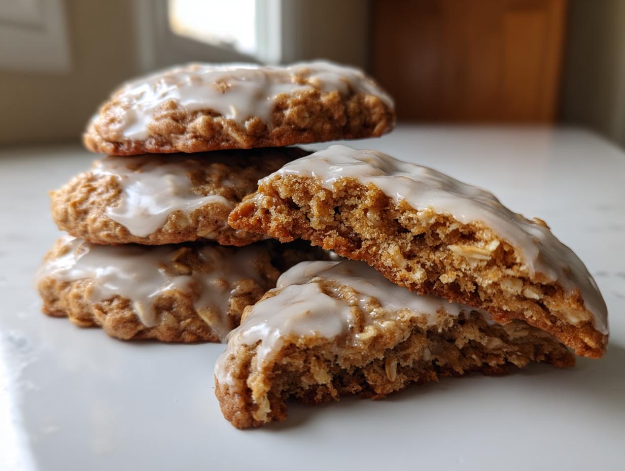 A stack of soft iced oatmeal cookies, with one cookie broken in half showing the chewy interior and thick white glaze.